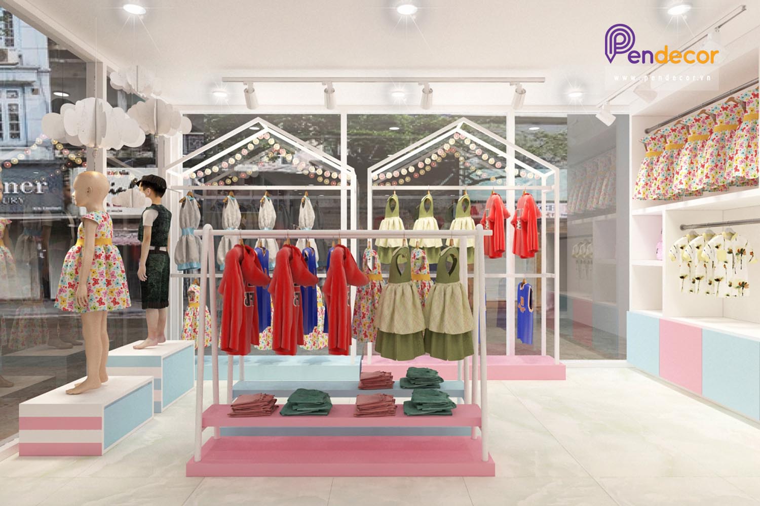Cửa hàng quần áo trẻ em nên thiết kế với tông màu tươi sáng, đáng yêu