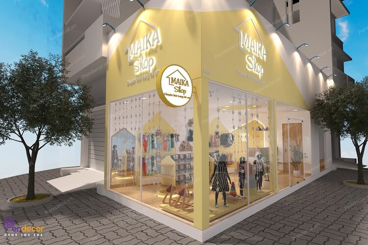 Thiết kế shop quần áo 2 mặt tiền với cửa kính trông rất đẹp mắt