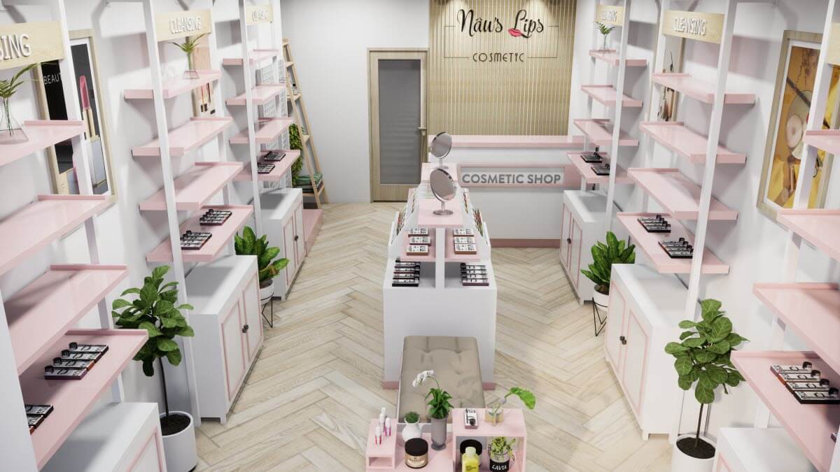 Cây xanh sẽ giúp không gian cửa hàng mỹ phẩm tươi mới, tạo cảm giác gần gũi, thân thiện