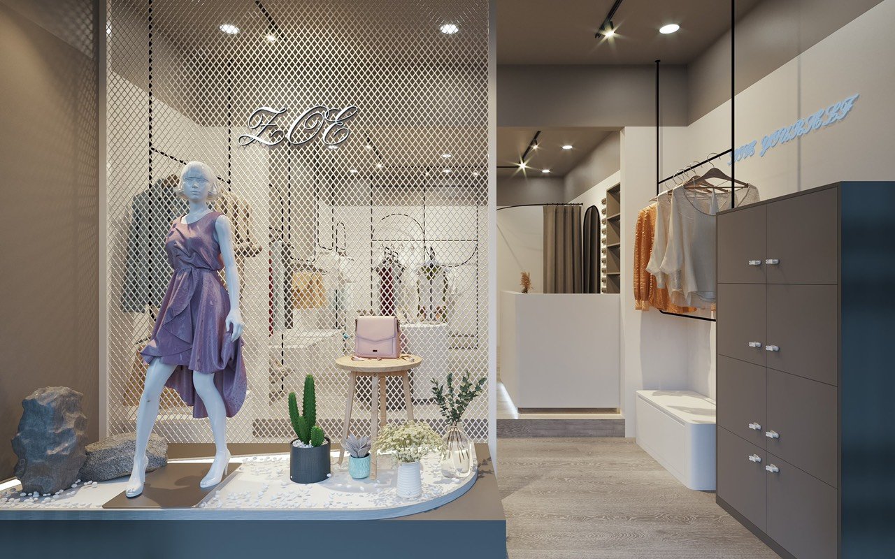 Thiết kế mặt tiền shop thời trang tối giản