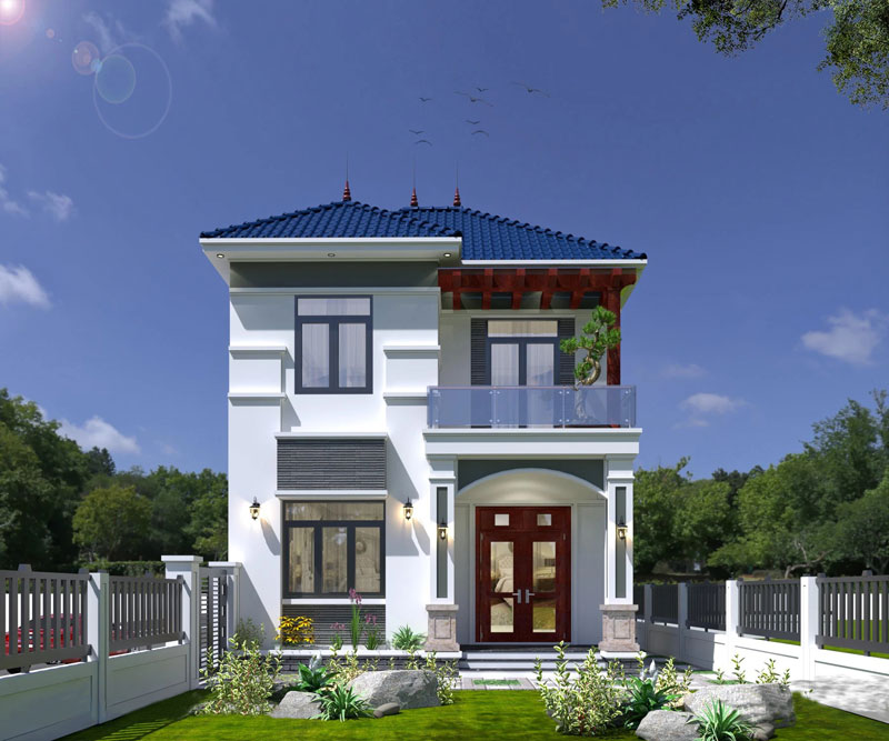 mẫu thiết kế mặt tiền nhà 2 tầng mái Nhật đình đám 2023