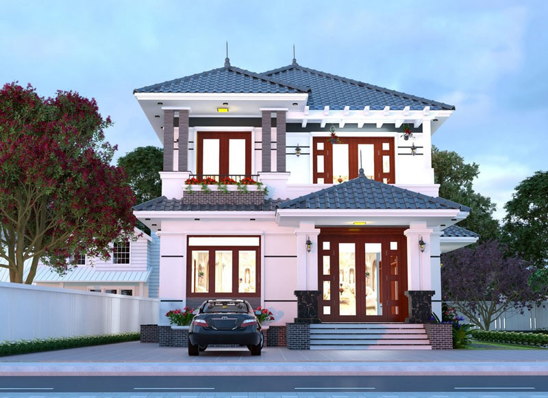 mẫu thiết kế mặt tiền nhà 2 tầng mái Nhật đình đám 2023