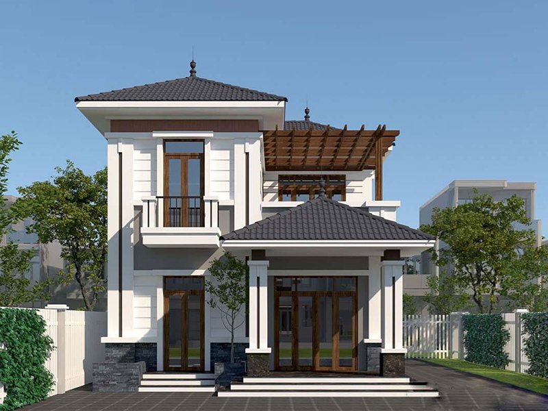 mẫu thiết kế mặt tiền nhà 2 tầng mái Nhật đình đám 2023