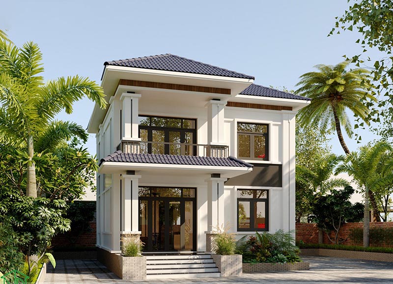 mẫu thiết kế mặt tiền nhà 2 tầng mái Nhật đình đám 2023