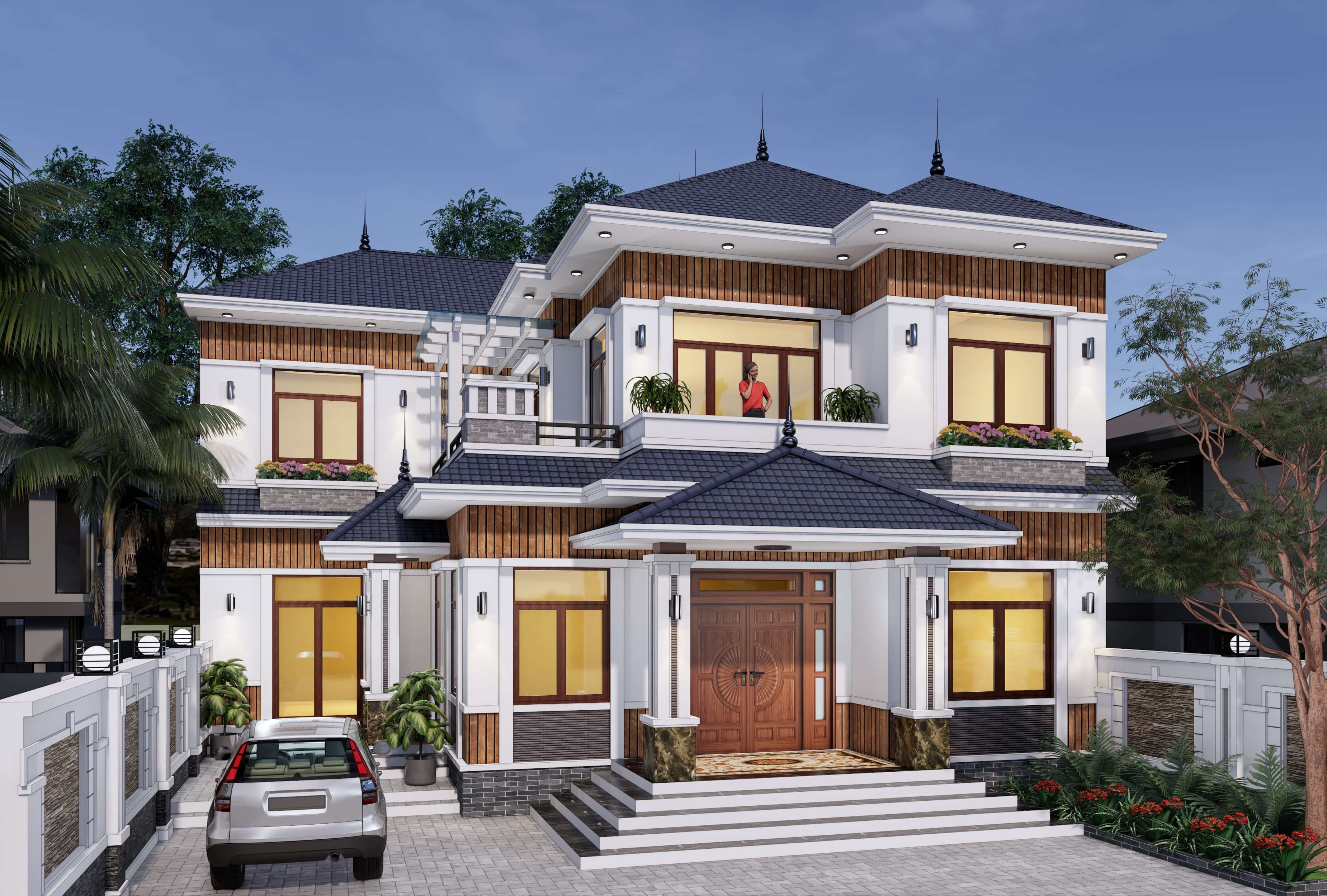 mẫu thiết kế mặt tiền nhà 2 tầng mái Nhật đình đám 2023